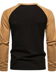 Men's long sleeve t-shirt in black with tan raglan sleeves.