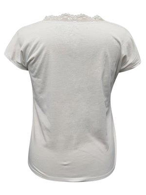 White cap sleeve blouse with lace trim neckline
