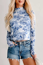 Floral Print Long Sleeve Mesh Top in Light Blue, front view