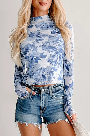 Floral Print Long Sleeve Mesh Top in Light Blue, front view