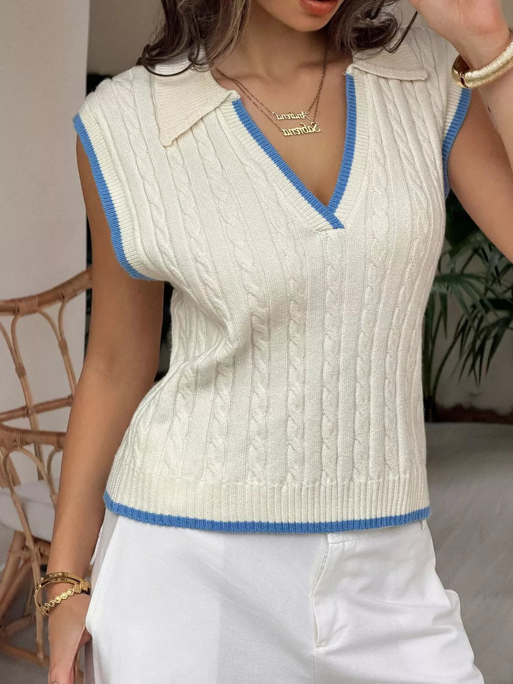 Cable Knit Polo Sweater Vest With Contrast Trim in Beige, side view