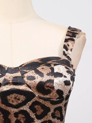 Leopard print bodycon midi dress with sweetheart neckline and adjustable straps.