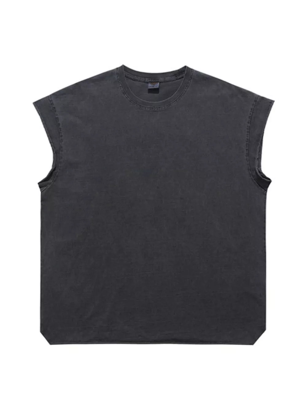 Distressed relaxed fit men's tank top in dark gray cotton blend with raw hem sleeves.