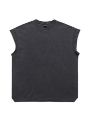 Distressed relaxed fit men's tank top in dark gray cotton blend with raw hem sleeves.