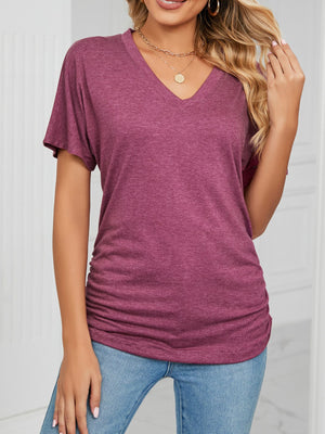Burgundy relaxed V-neck short sleeve t-shirt with ruched sides