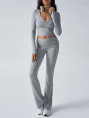 Light Gray cross-front long sleeve crop top and flare lounge pants set