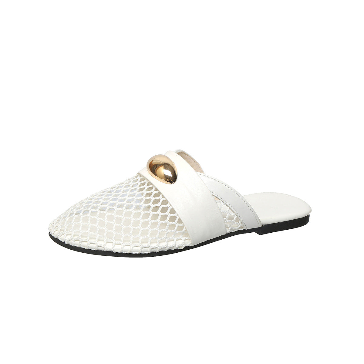 White mesh round-toe flat sandals with gold accent detail