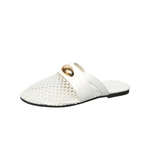 White mesh round-toe flat sandals with gold accent detail