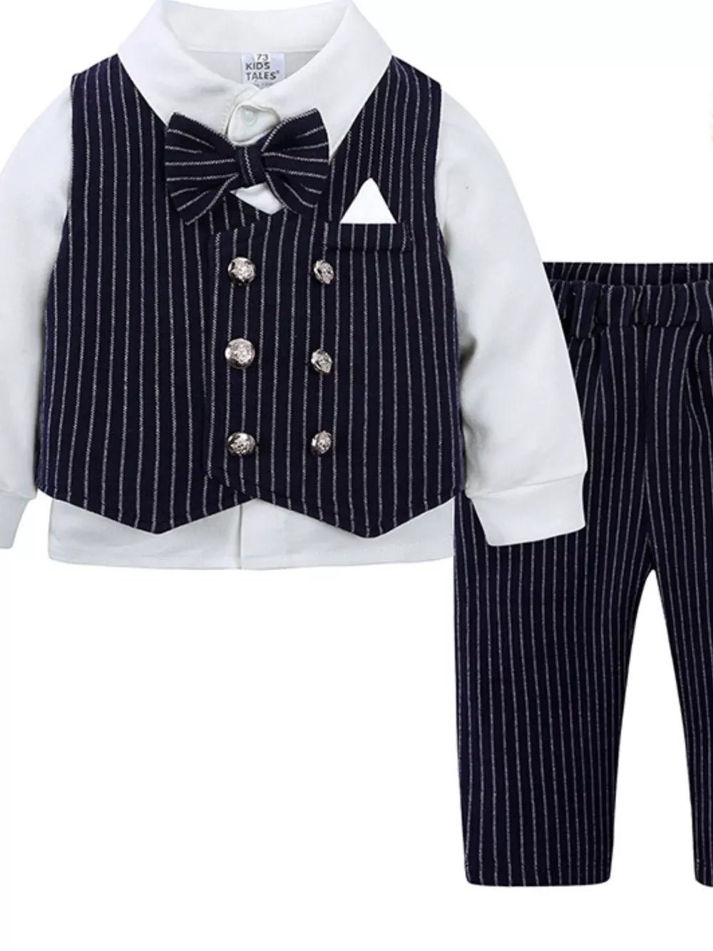 Baby boy navy pinstripe vest, bow tie, and pants set with white shirt.