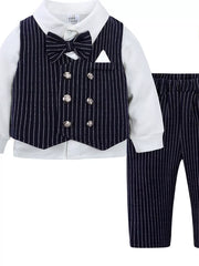 Baby boy navy pinstripe vest, bow tie, and pants set with white shirt.