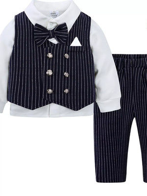 Baby boy navy pinstripe vest, bow tie, and pants set with white shirt.