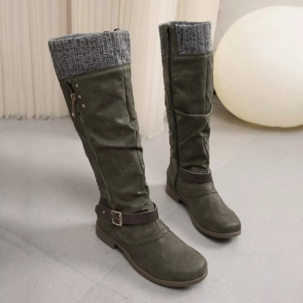 Matcha green suede slouch knee-high boots with knit cuff and side zipper detail.