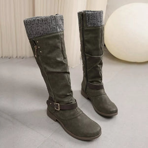 Matcha green suede slouch knee-high boots with knit cuff and side zipper detail.
