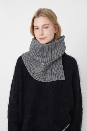 Ribbed neck warmer in dark gray with extended panel, cozy knit.