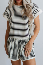 Ribbed stripe tee and shorts set with cuffed sleeves and elastic waist shorts.