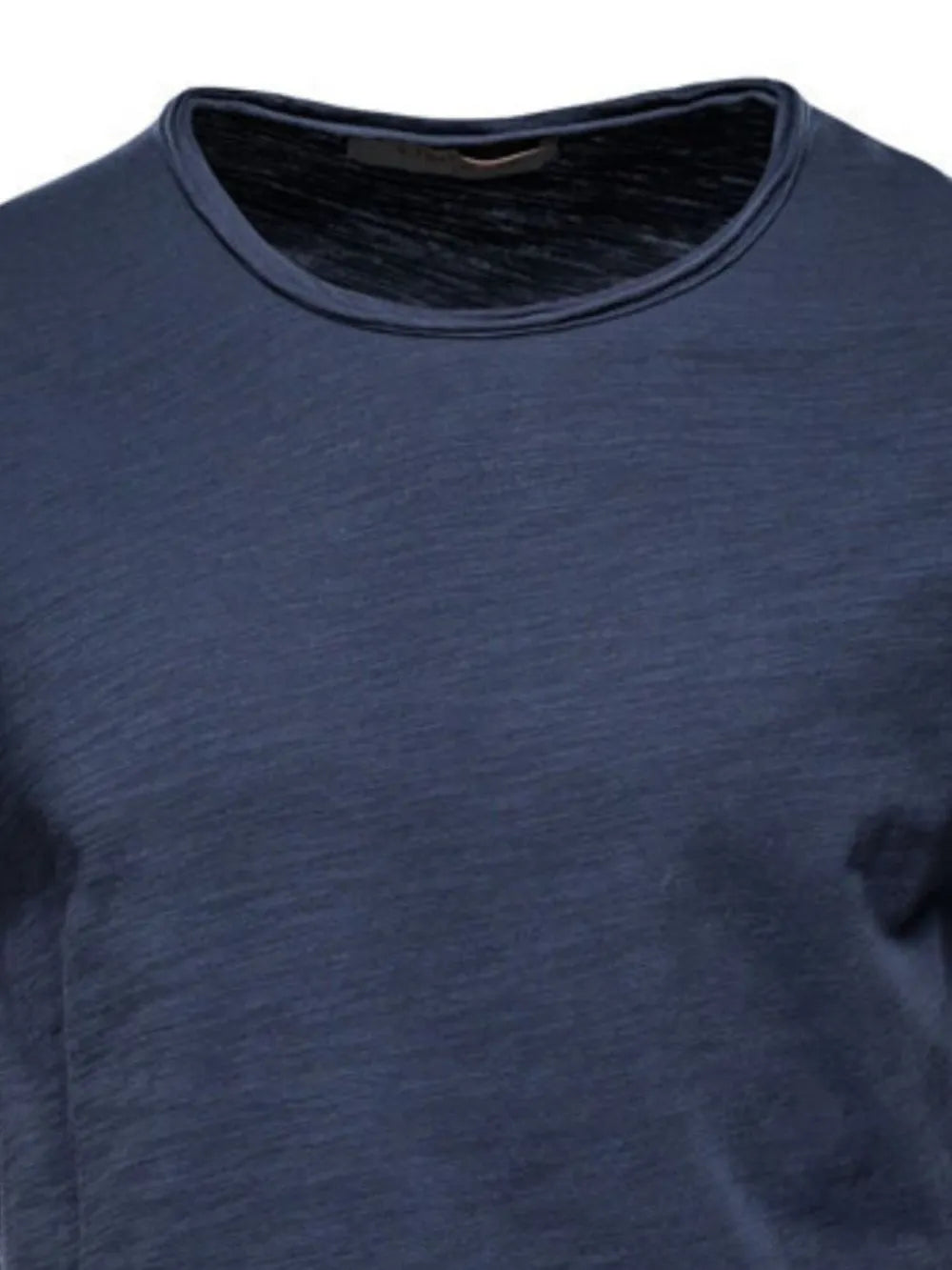 Textured slub cotton crewneck tee in navy, showing fabric texture and neckline detail.