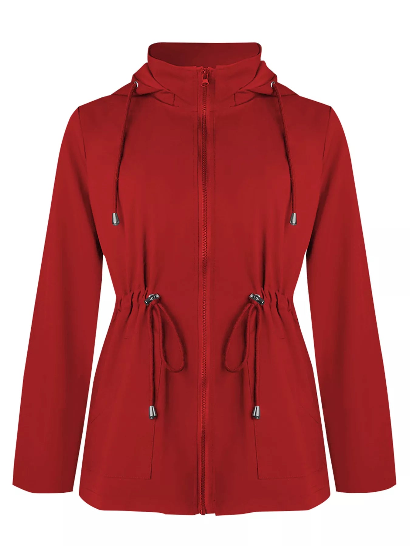 Red hooded zip-up jacket with drawstring waist and hood