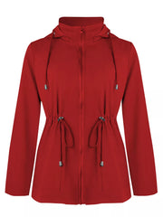 Red hooded zip-up jacket with drawstring waist and hood