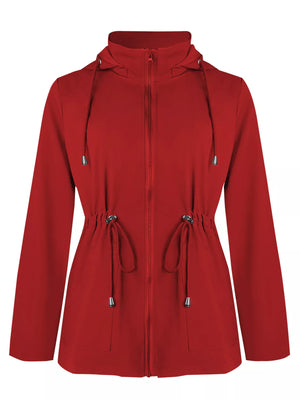 Red hooded zip-up jacket with drawstring waist and hood