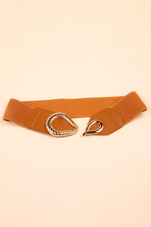 Caramel elasticated waist belt with sculpted gold buckle and faux leather accents.
