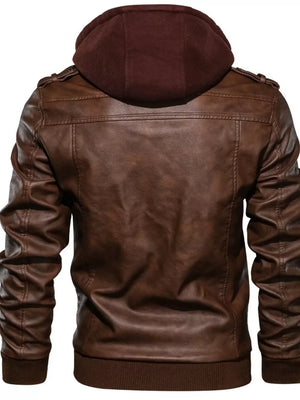 Men's brown faux leather moto jacket with attached hoodie and ribbed cuffs.