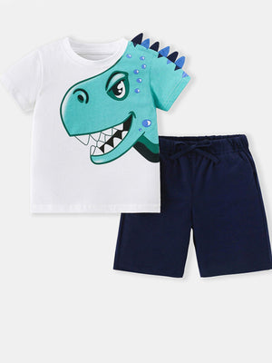 Toddler dinosaur graphic t-shirt and navy shorts set.