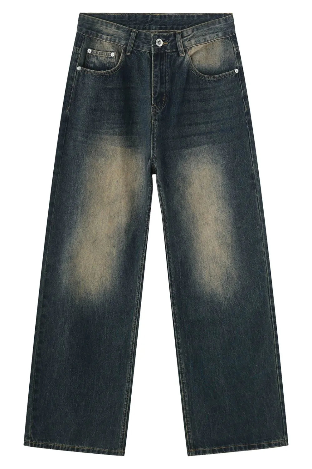 Faded wash baggy denim trousers in dark wash with a relaxed fit.