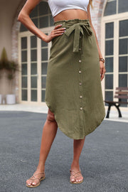 Olive asymmetric midi skirt with button-down front and tie waist