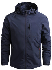 Dark blue hooded windbreaker jacket with zip pockets and adjustable cuffs