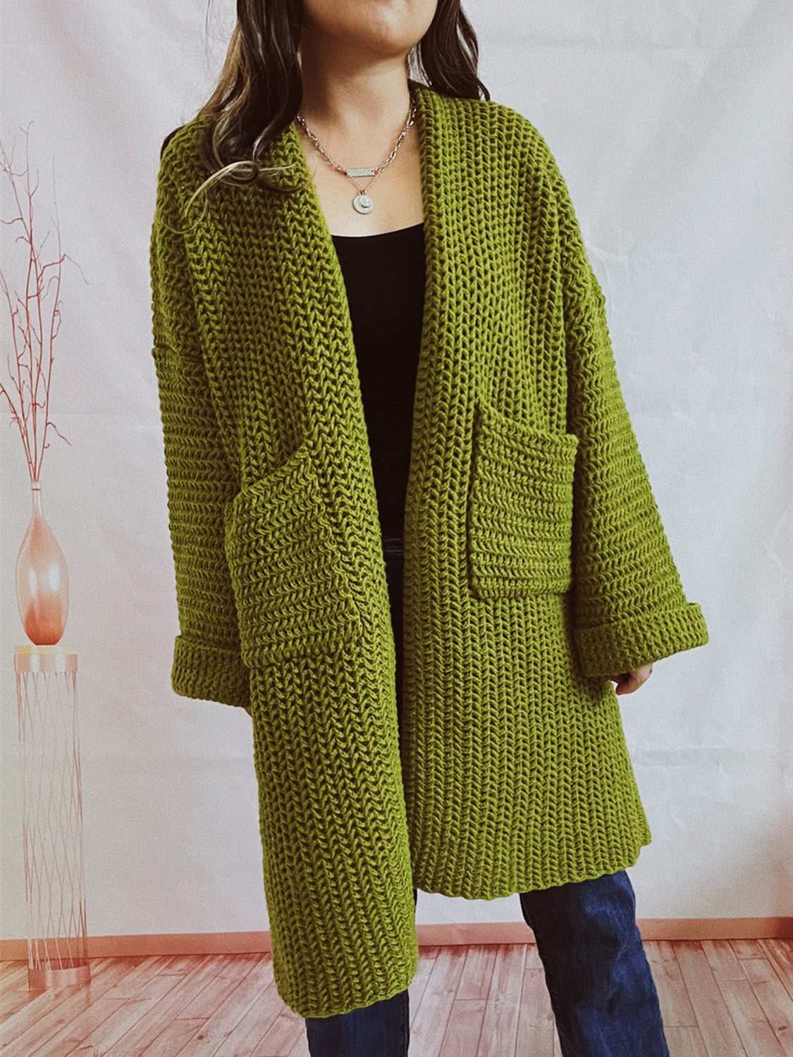 Chunky knit cocoon cardigan coat in Moss with pockets and rolled cuffs.