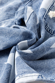 Cosmic Wash Star Print Palazzo Jeans in medium blue denim with a white star pattern and drawstring detail.