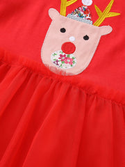 Red children's reindeer applique tulle dress with floral detail.
