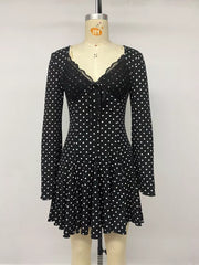 Polka Dot Lace Trimmed V-neck Mini Dress, front view