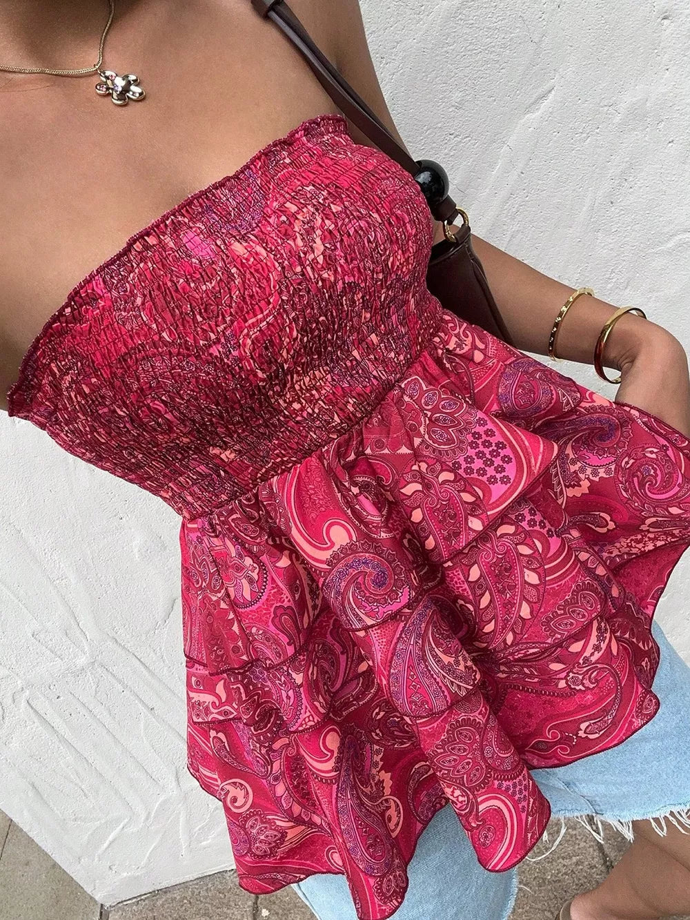 Smocked Layered Paisley Print Tube Top, fabric detail