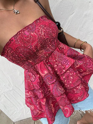 Smocked Layered Paisley Print Tube Top, fabric detail