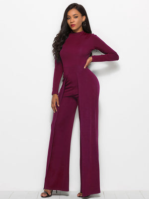 Wine high-waisted palazzo jumpsuit with slit front and long sleeves.