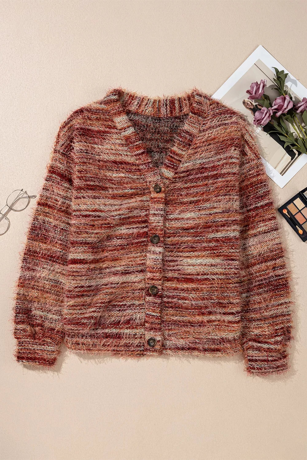 Fuzzy Striped Button Front Cardigan Sweater in Rust, fit detail