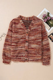 Fuzzy Striped Button Front Cardigan Sweater in Rust, fit detail