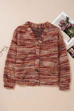 Fuzzy Striped Button Front Cardigan Sweater in Rust, fit detail