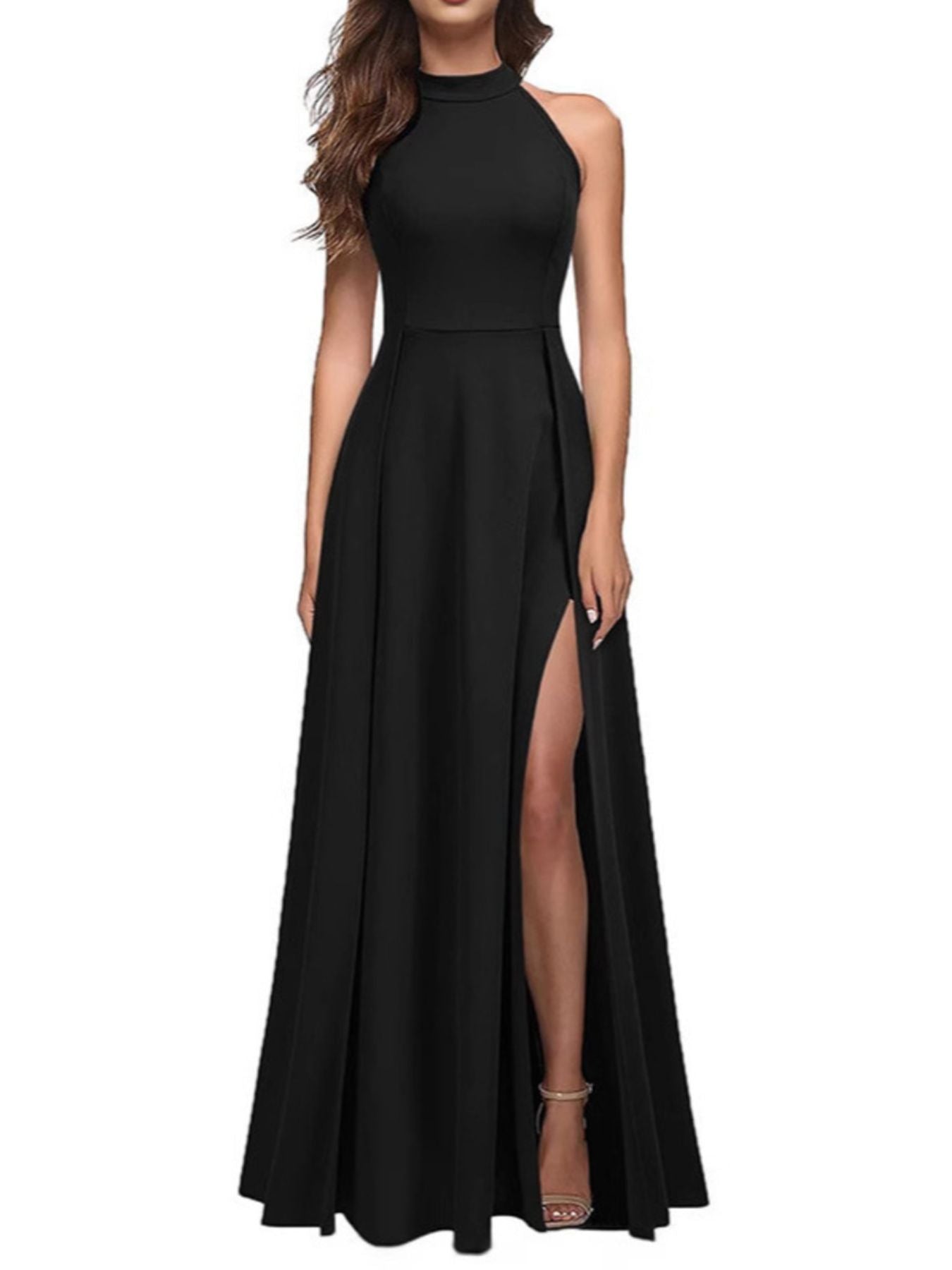 Black sleeveless maxi dress with high neckline and thigh-high slit