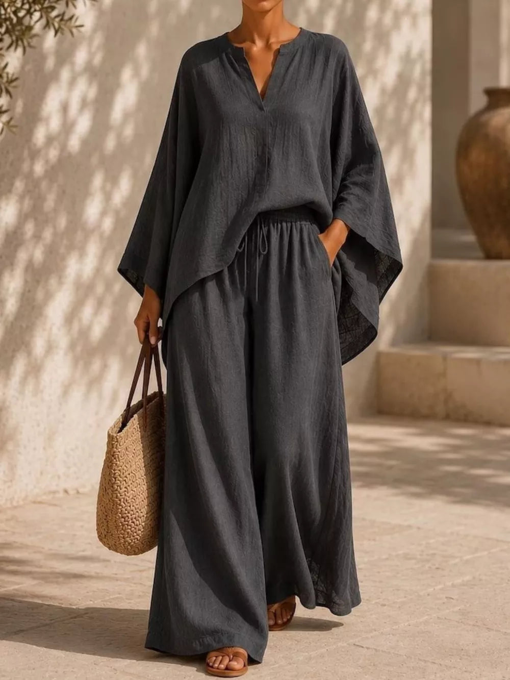 Notched Long Sleeve Top And Wide-leg Pants Set in White, product detail
