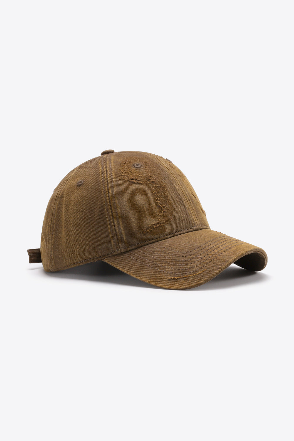 Distressed chestnut baseball cap with adjustable strap and embroidered detail.