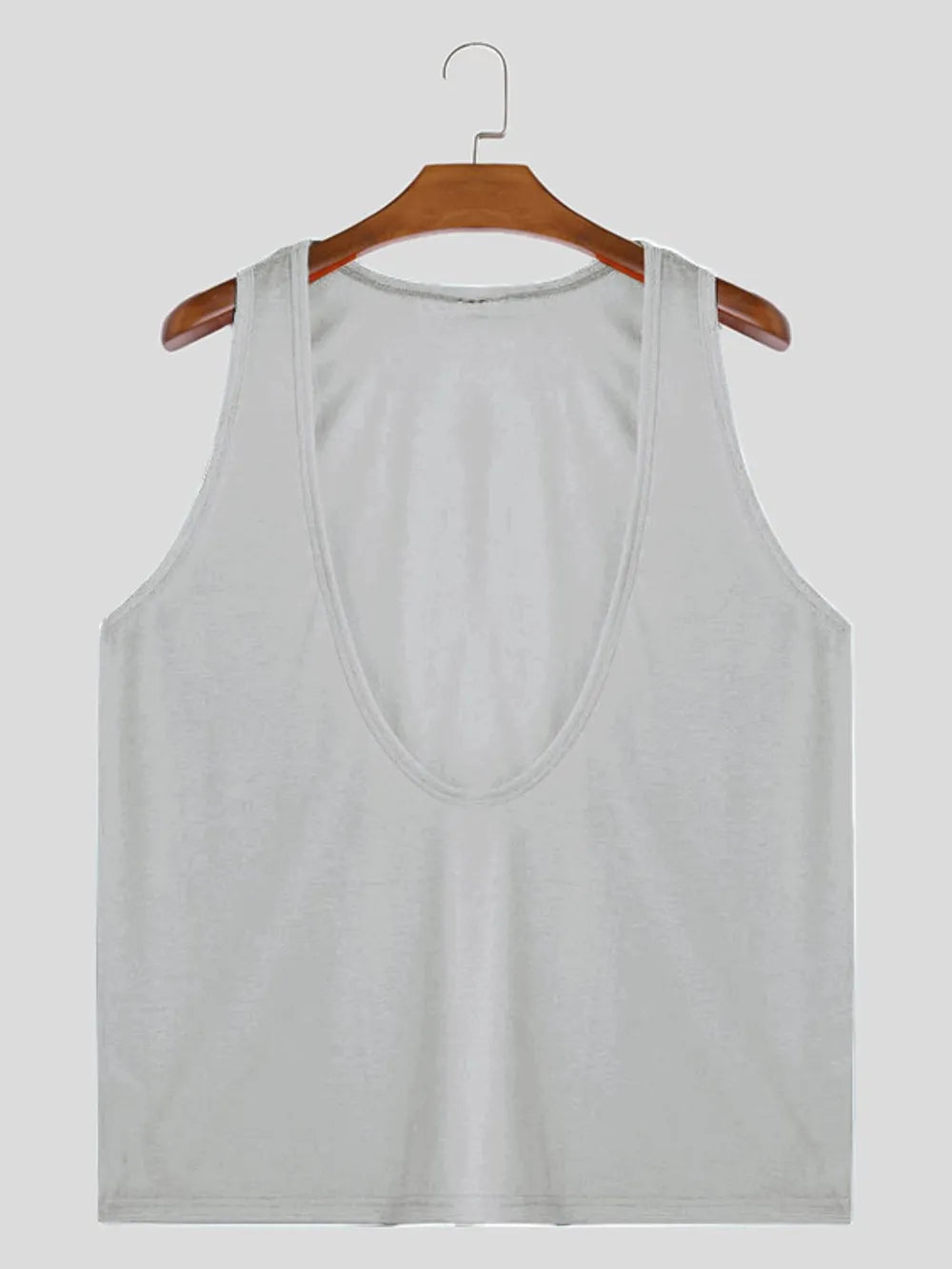 Gray deep plunge tank top with a wide neckline and casual basic style.
