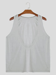 Gray deep plunge tank top with a wide neckline and casual basic style.