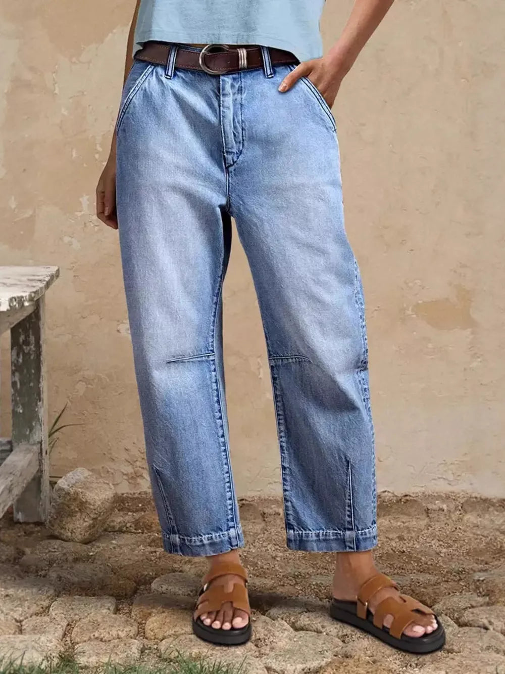Relaxed high-waisted light wash denim maternity jeans with pockets and cuffed hem