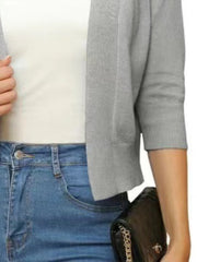 Light gray open-front cropped cardigan with elbow sleeves and ribbed cuffs.