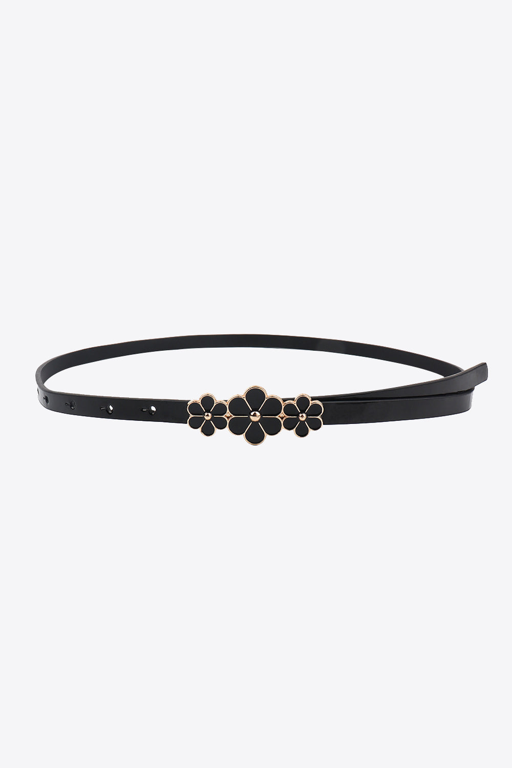 Black skinny belt with gold trim and black floral embellishments