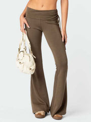 Drawstring waist flare trousers in coffee brown with a ruched detail and tie.
