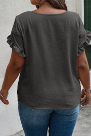 Dark gray textured blouse with ruffle short sleeves, 100% polyester.