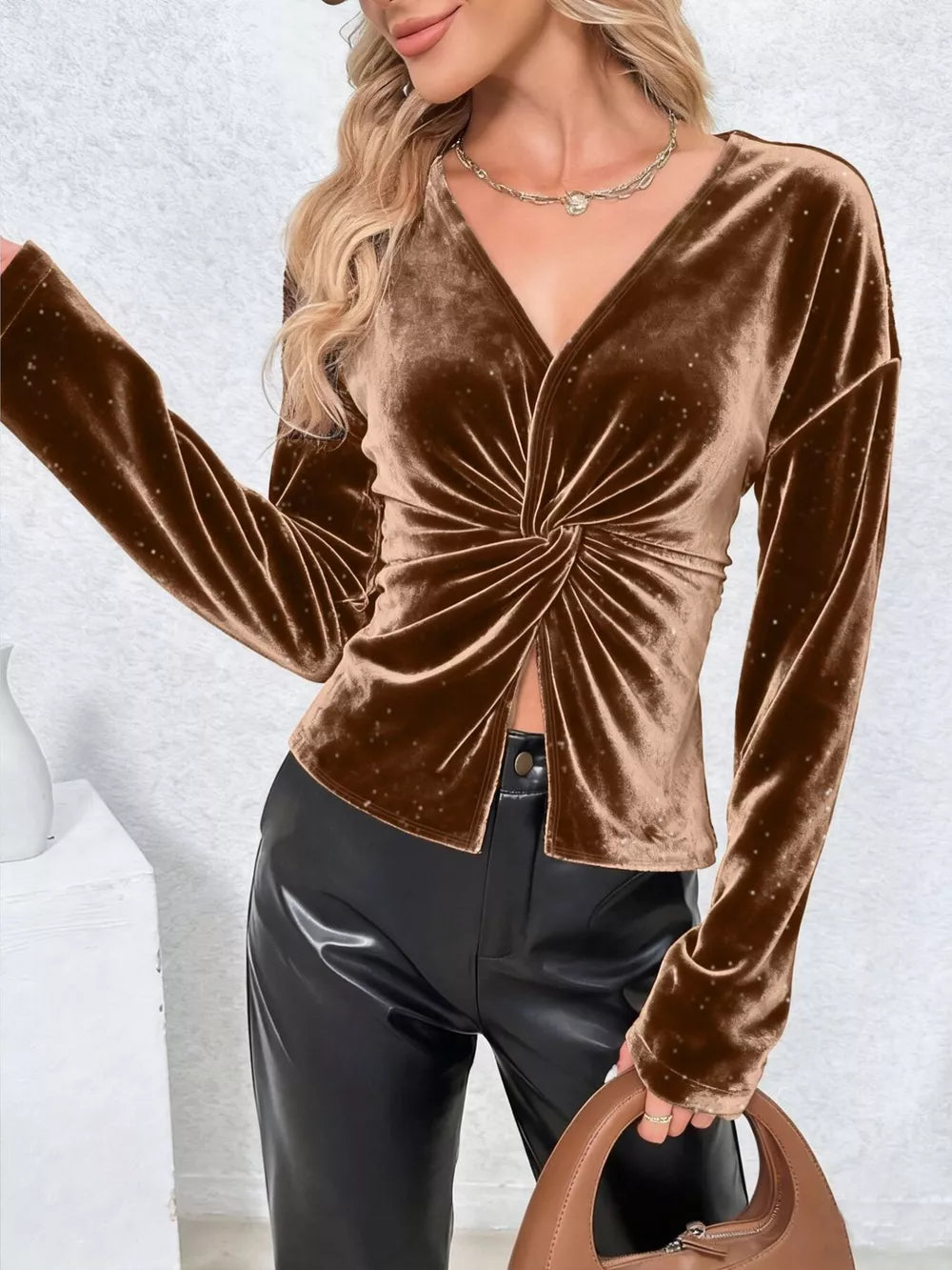 Brown velvet tunic with twisted front and long sleeves